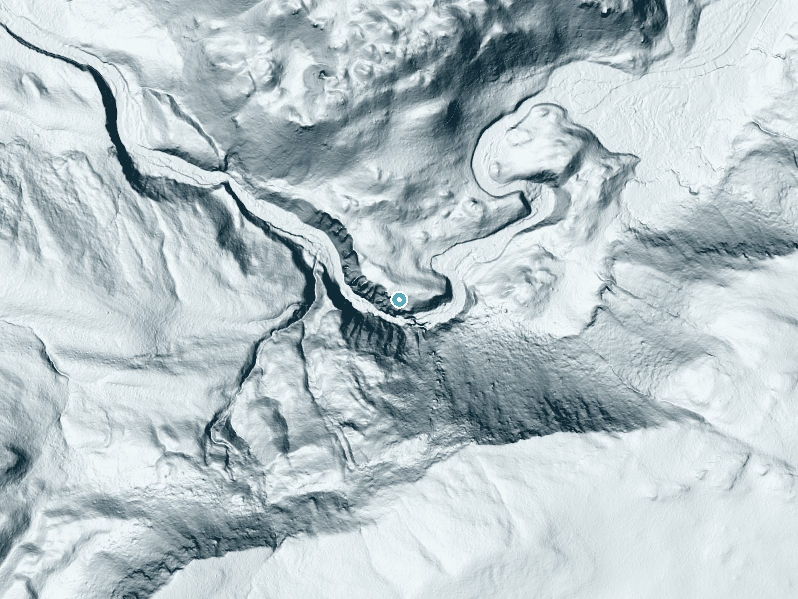 LiDAR bare-earth terrain around Rainbow Falls near Alta, Wyoming, showing about 155 feet of drop, a steep tiered drop, facing southwest