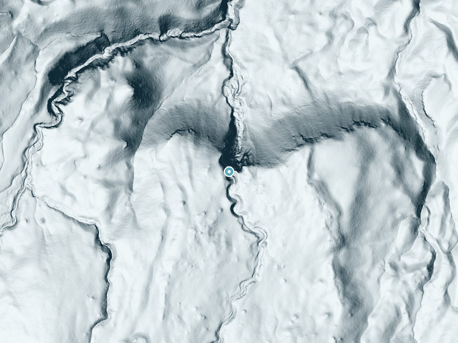 LiDAR bare-earth terrain around Upper Chush Falls near Black Butte Ranch, Oregon, showing about 283 feet of drop, a steep tiered drop, facing north