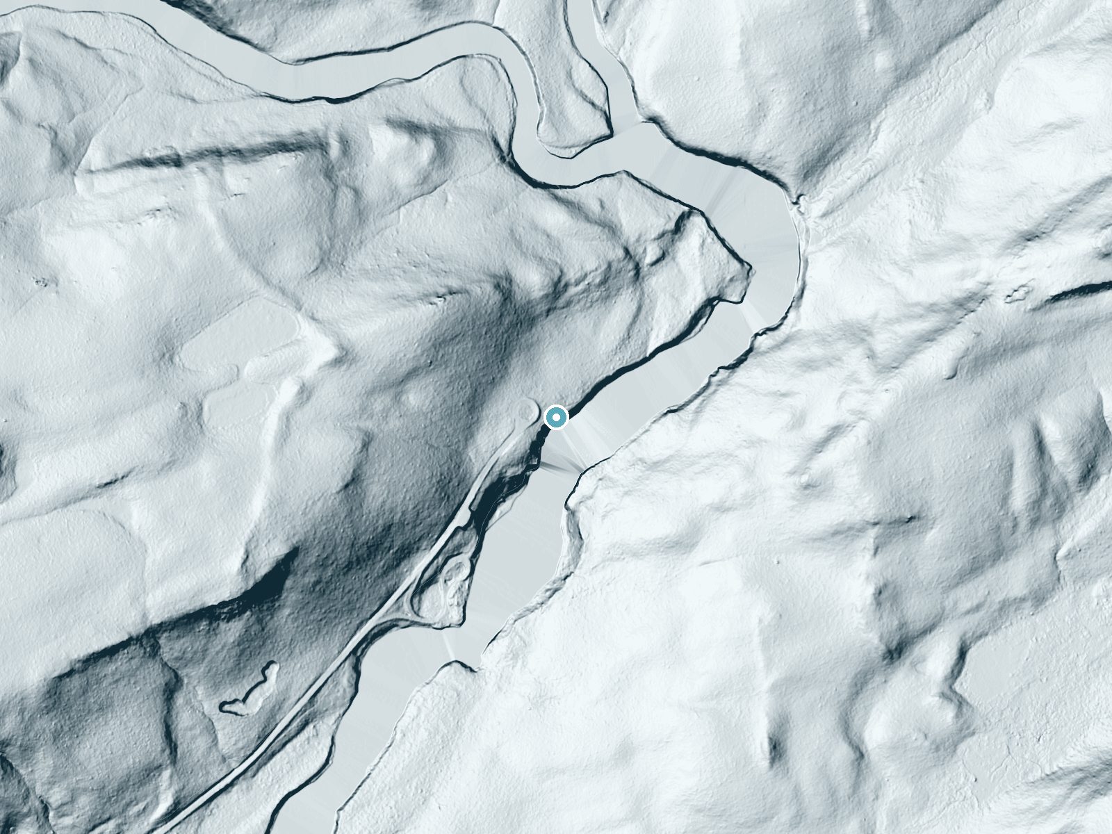 LiDAR bare-earth terrain around Cave Falls near Alta, Wyoming, showing about 80 feet of drop, a steep tiered drop, facing southeast