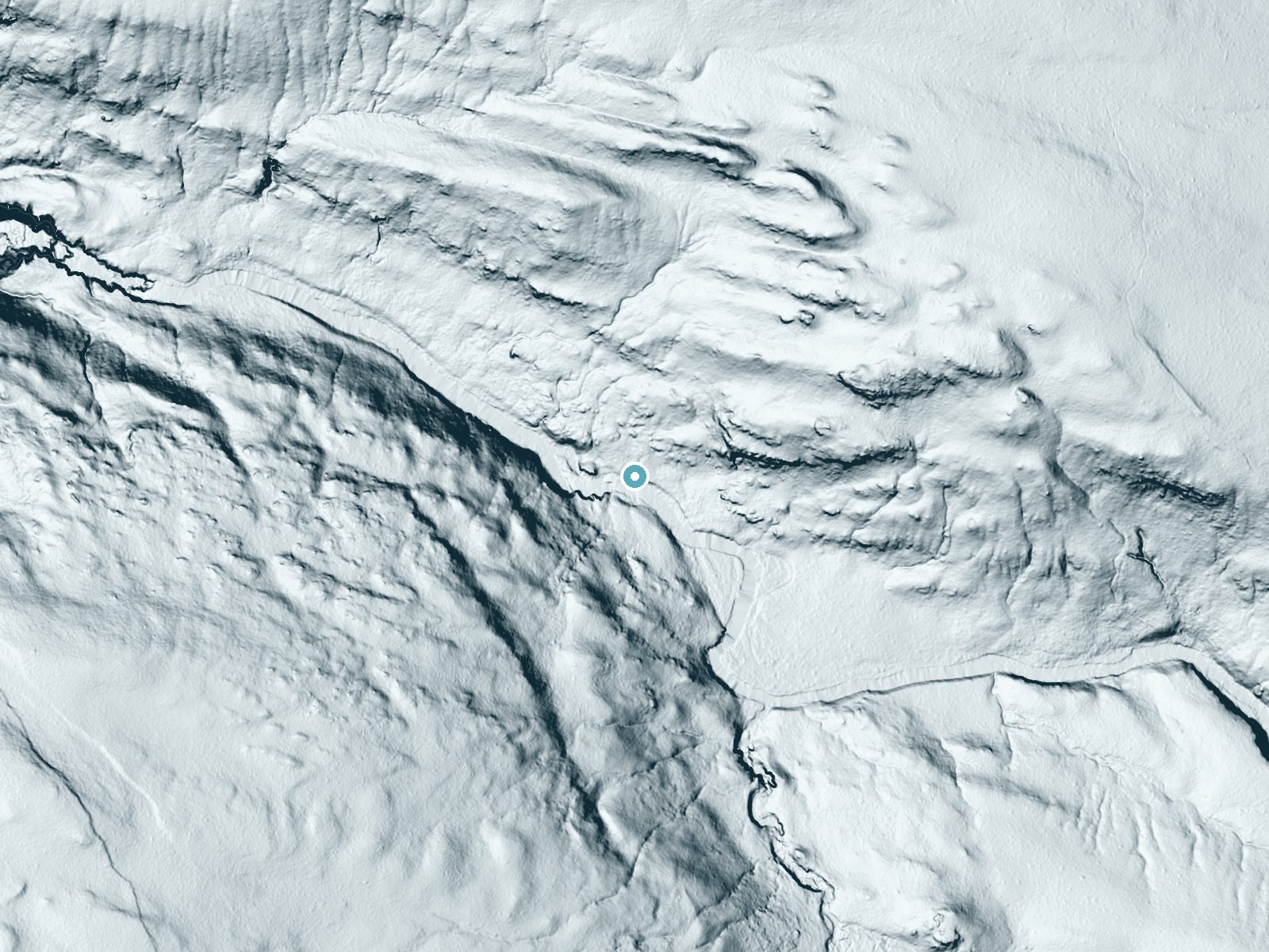 LiDAR bare-earth terrain around Cascade Acres near Alta, Wyoming, showing about 74 feet of drop, a long cascade, facing southwest