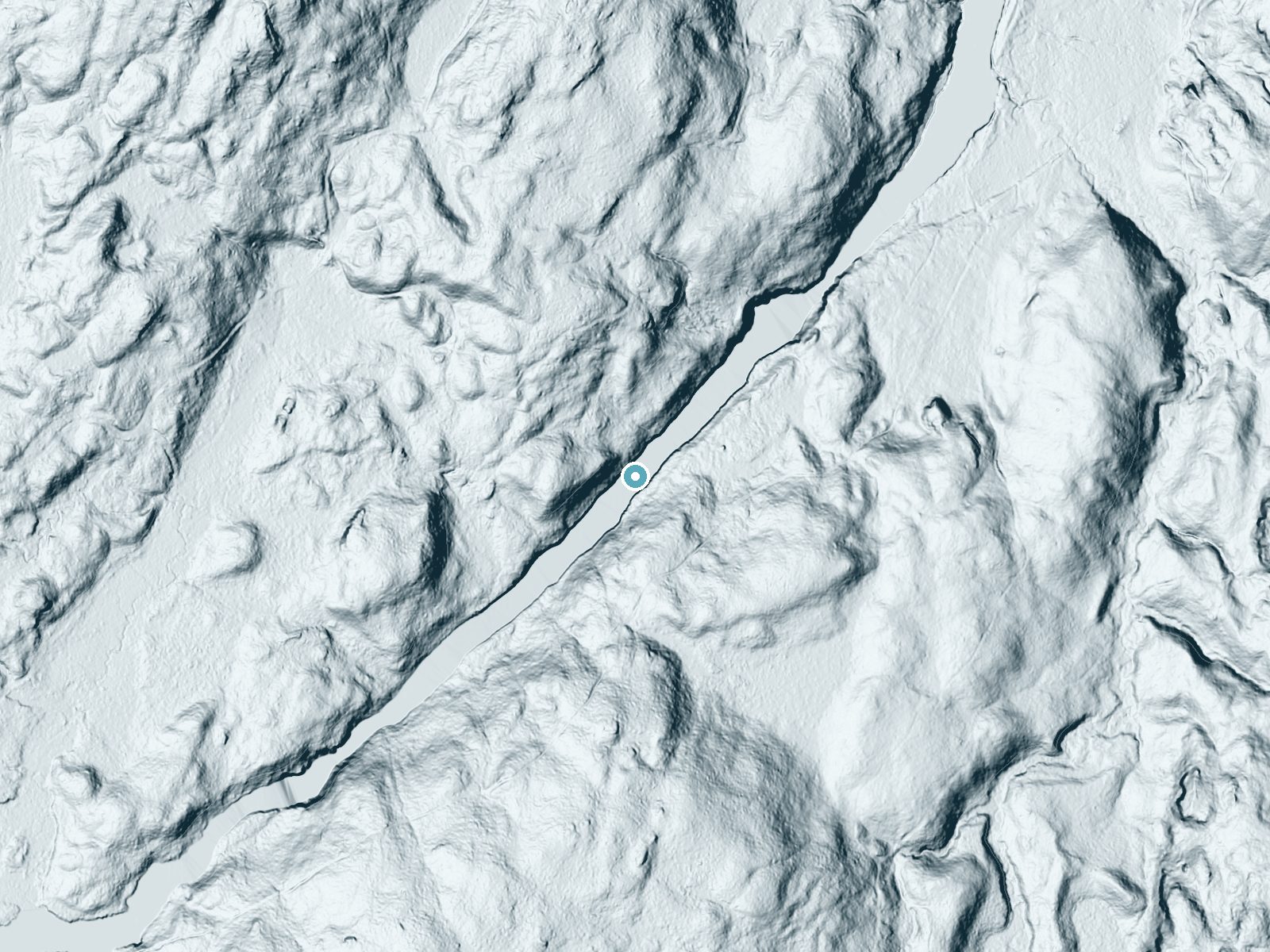 LiDAR bare-earth terrain around Raquette Falls near Saranac Lake, New York, showing about 86 feet of drop, a long cascade, facing northeast