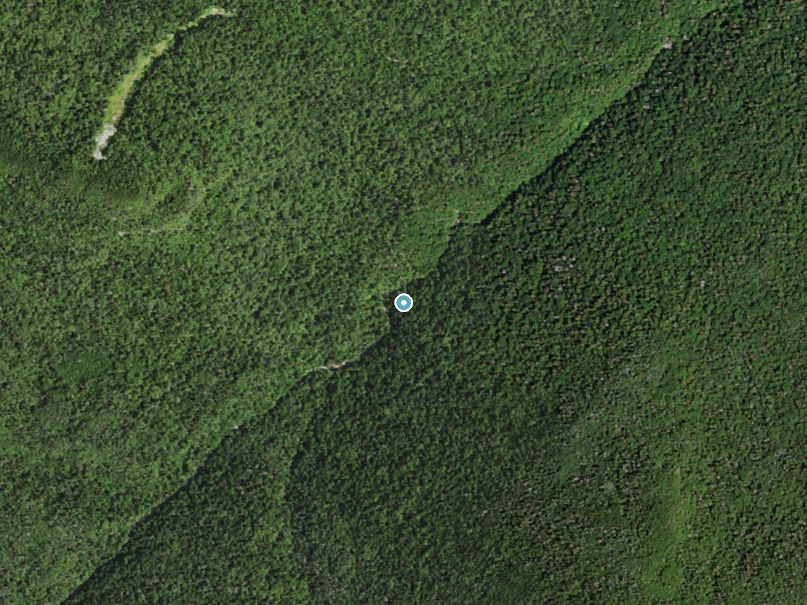 Aerial photo of the same ground around Bushnell Falls near Lake Placid, New York, for comparison with the lidar view