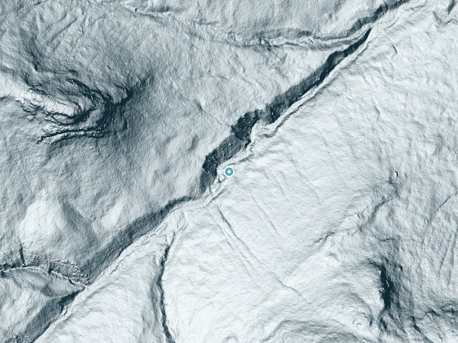 LiDAR bare-earth terrain around Bushnell Falls near Lake Placid, New York, showing about 117 feet of drop, a long cascade, facing north
