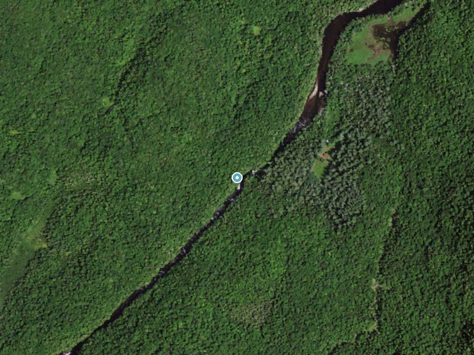 Aerial photo of the same ground around Lower Falls near Saranac Lake, New York, for comparison with the lidar view