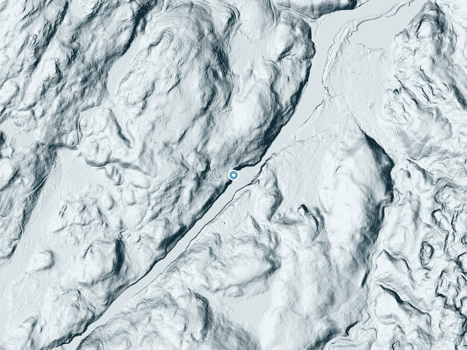 LiDAR bare-earth terrain around Lower Falls near Saranac Lake, New York, showing about 100 feet of drop, a steep tiered drop, facing southeast