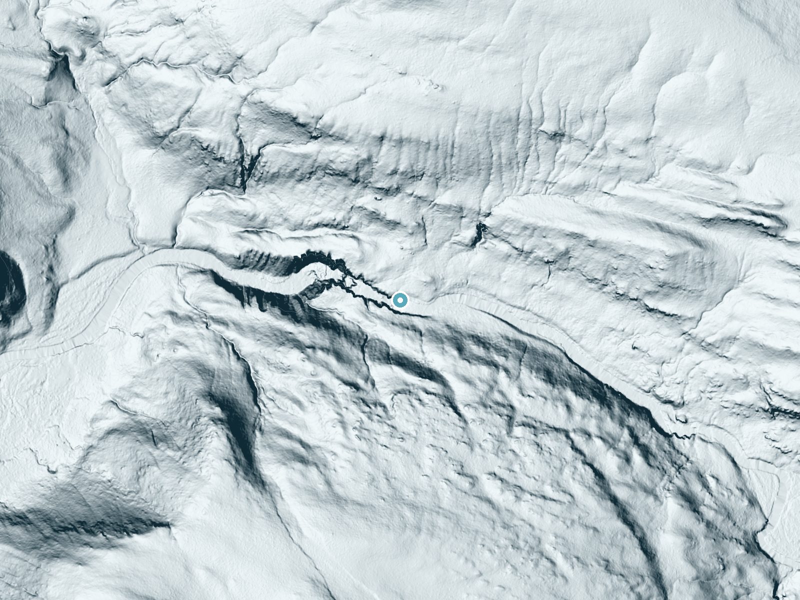 LiDAR bare-earth terrain around Terraced Falls near Alta, Wyoming, showing about 89 feet of drop, a long cascade, facing northwest