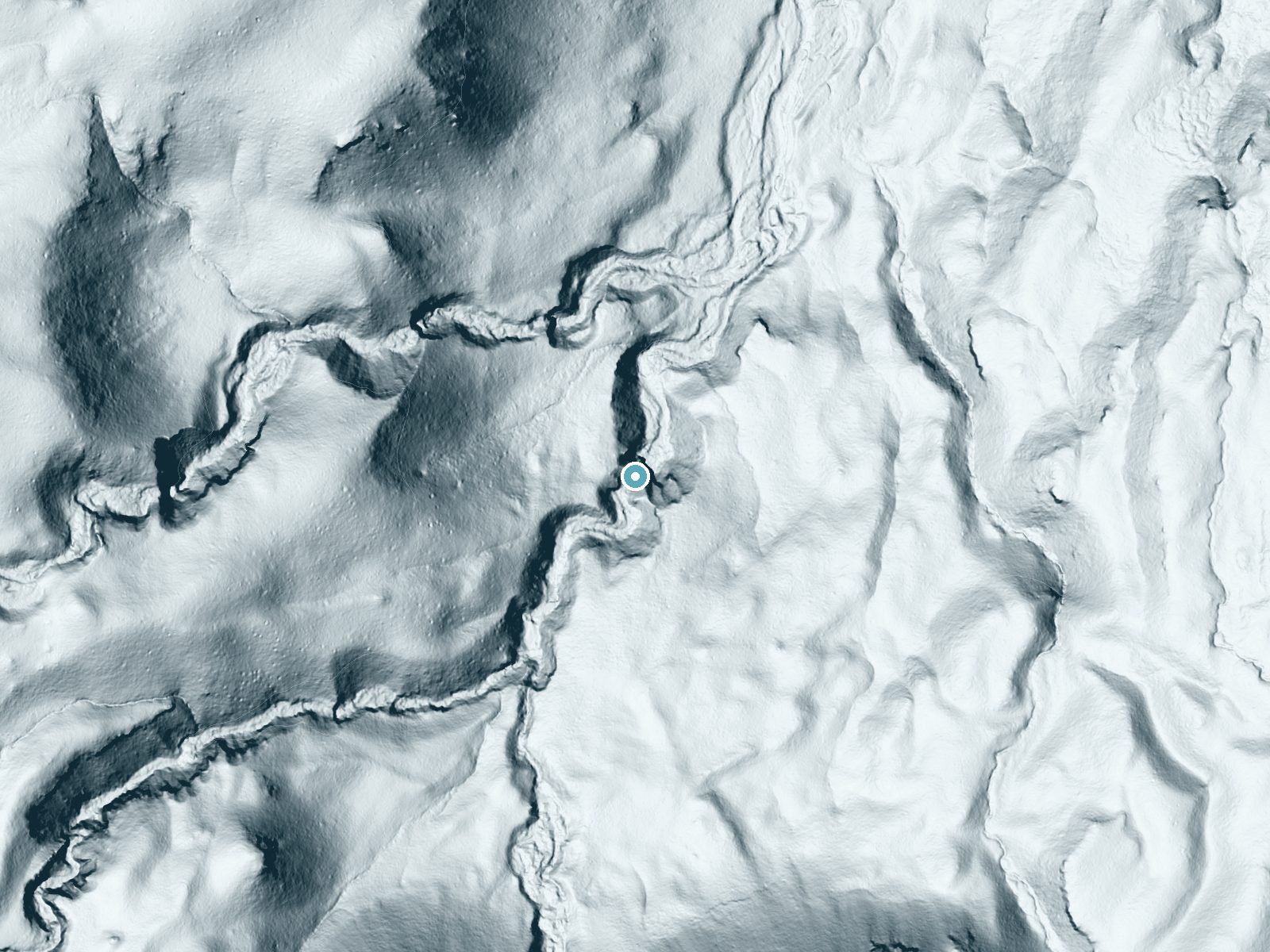 LiDAR bare-earth terrain around Chush Falls near Black Butte Ranch, Oregon, showing about 172 feet of drop, a steep tiered drop, facing northeast