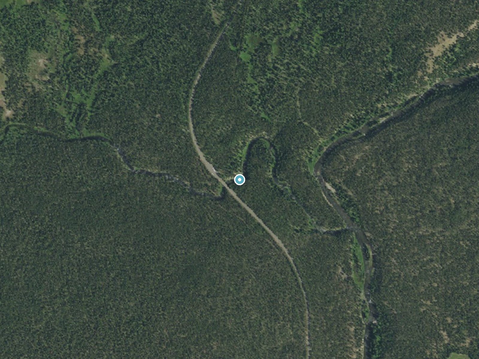 Aerial photo of the same ground around Moose Falls near Kelly, Wyoming, for comparison with the lidar view