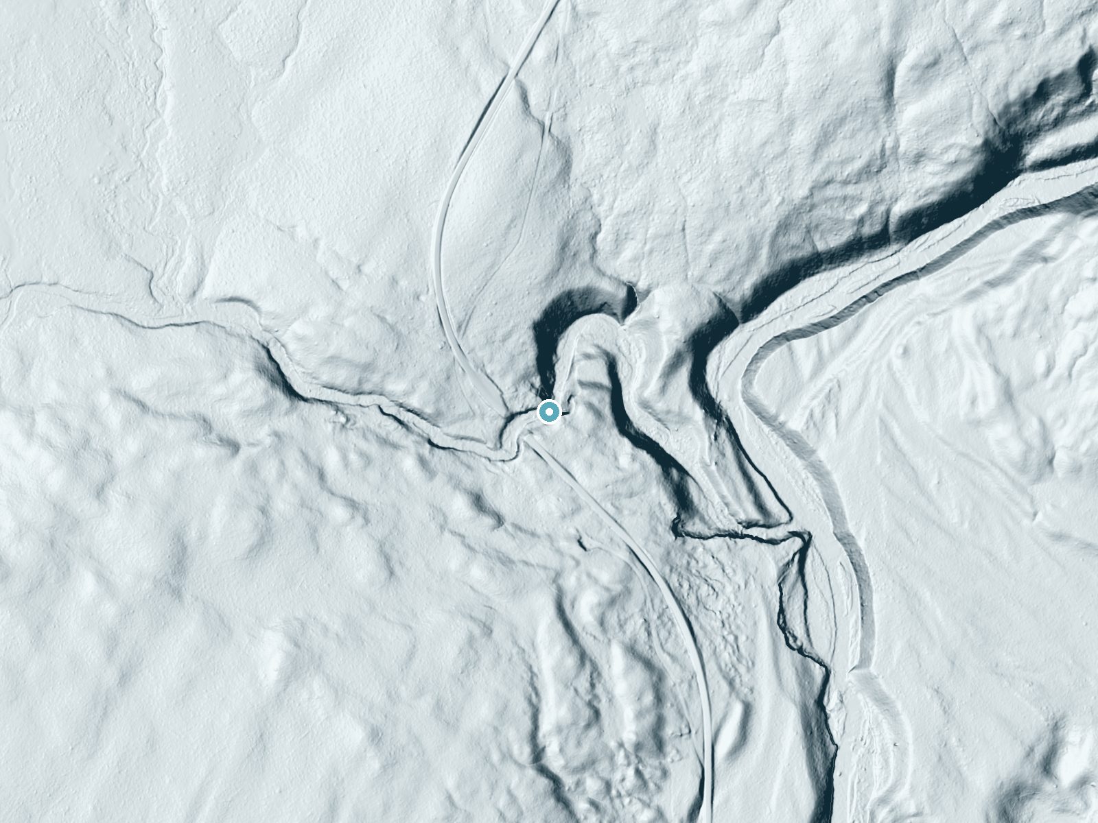 LiDAR bare-earth terrain around Moose Falls near Kelly, Wyoming, showing about 63 feet of drop, a long cascade, facing northeast
