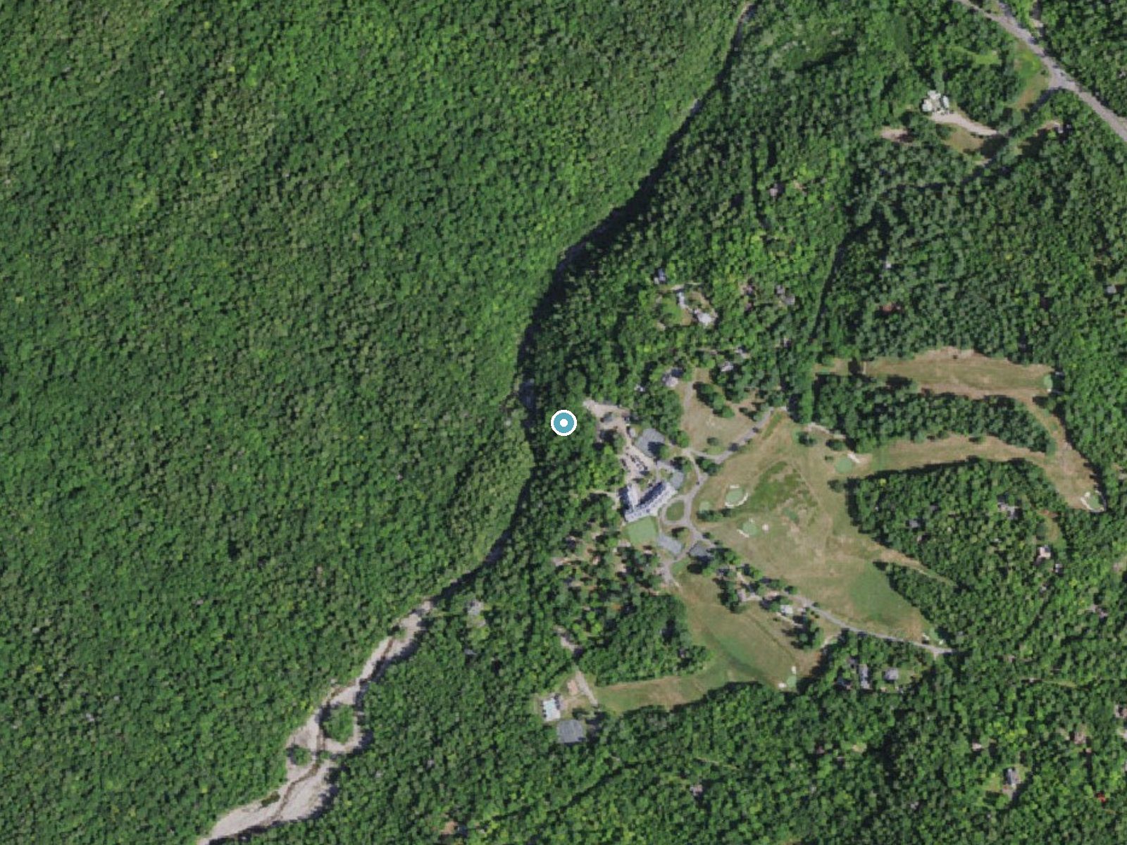 Aerial photo of the same ground around Russell Falls near Mineville, New York, for comparison with the lidar view