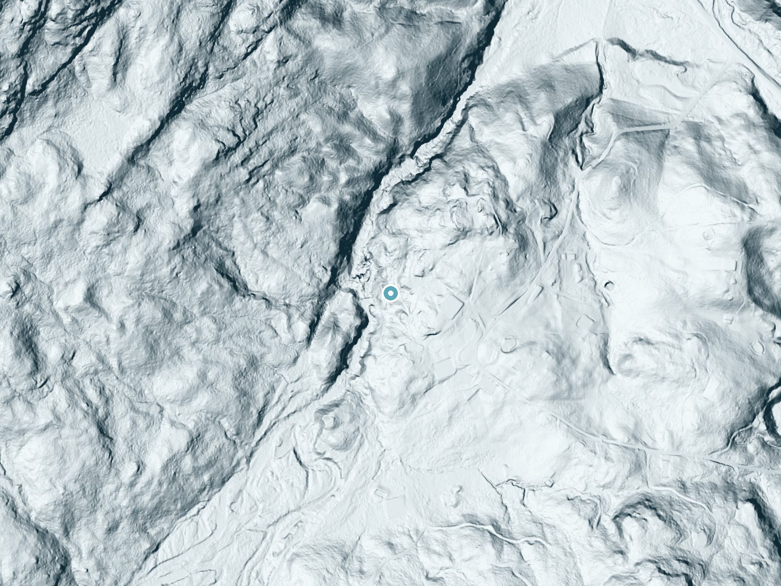LiDAR bare-earth terrain around Russell Falls near Mineville, New York, showing about 122 feet of drop, a steep tiered drop, facing west