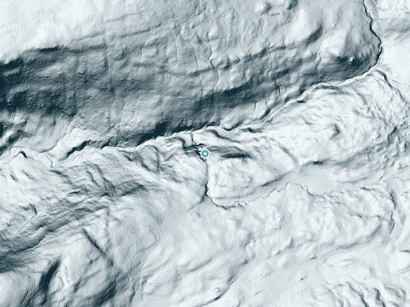 LiDAR bare-earth terrain around Plateau Falls near Kelly, Wyoming, showing about 148 feet of drop, a steep tiered drop, facing northwest