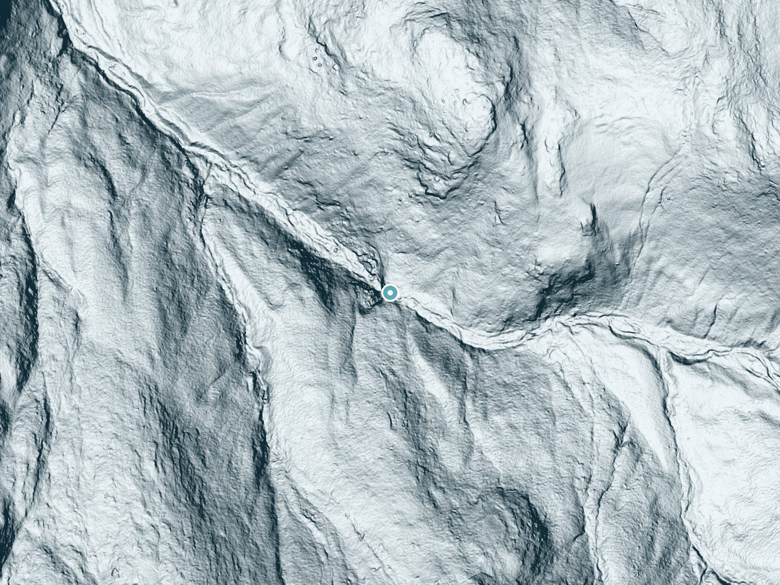 LiDAR bare-earth terrain around Bridalveil Falls near North Woodstock, New Hampshire, showing about 203 feet of drop, a steep tiered drop, facing northwest