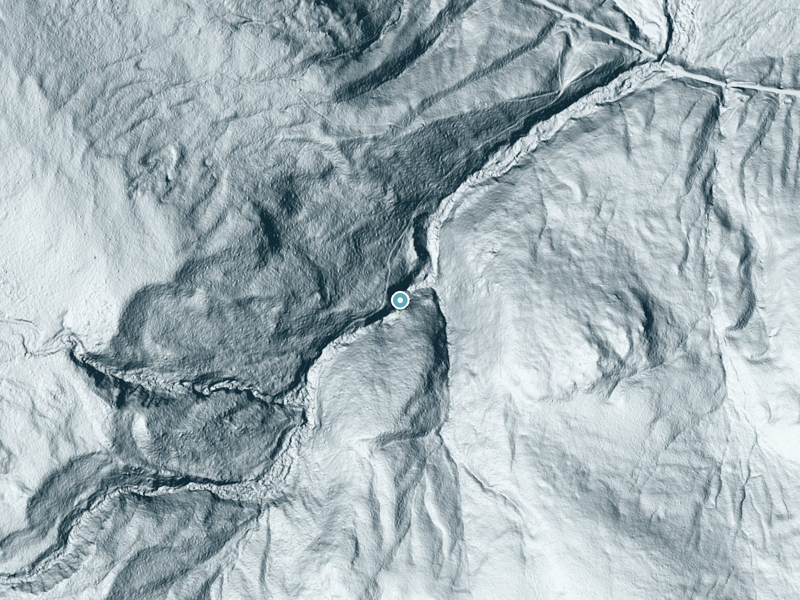 LiDAR bare-earth terrain around Ripley Falls near North Conway, New Hampshire, showing about 227 feet of drop, a steep tiered drop, facing northeast