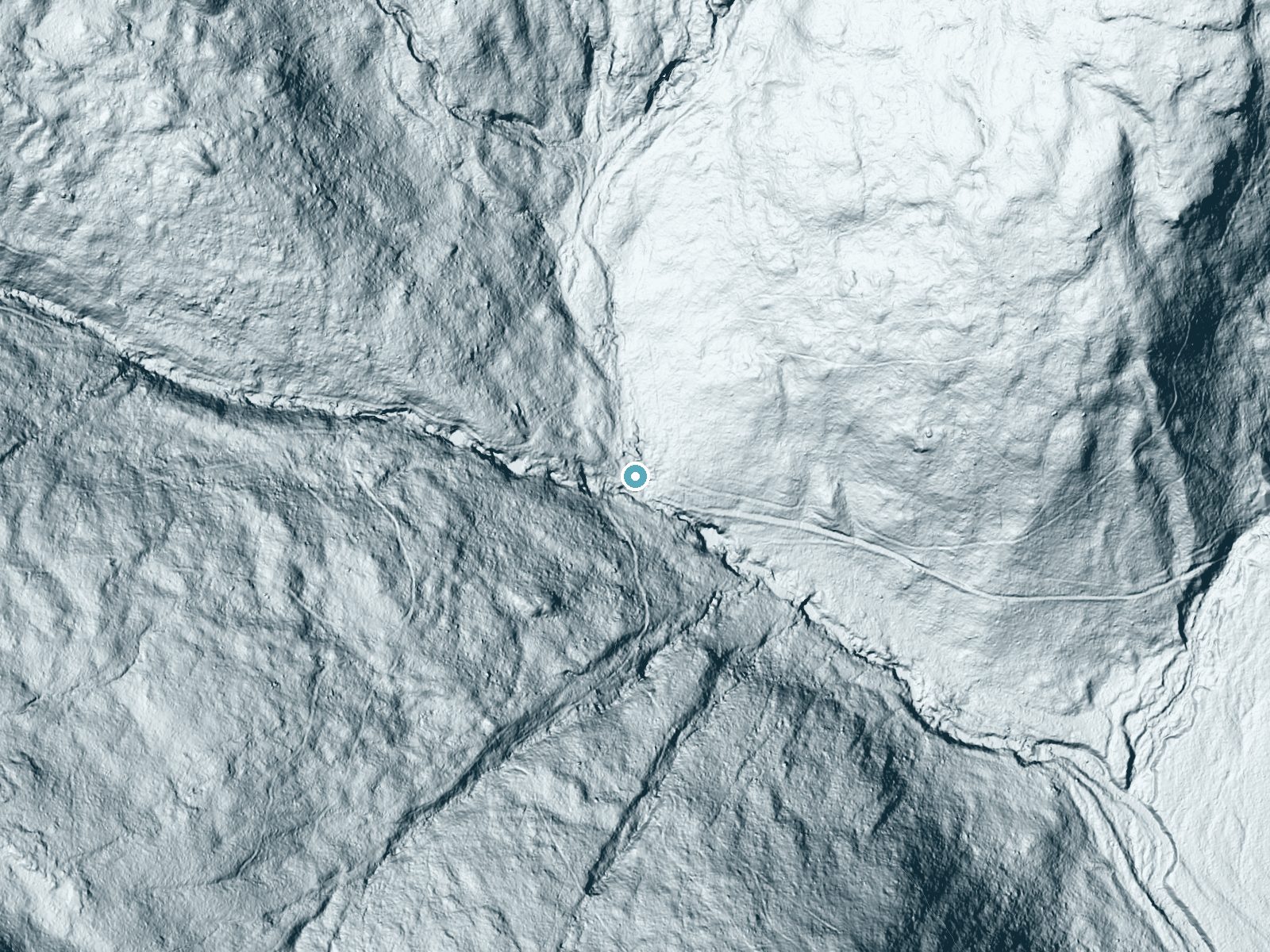 LiDAR bare-earth terrain around Thirteen Falls near North Woodstock, New Hampshire, showing about 80 feet of drop, a long cascade, facing southeast