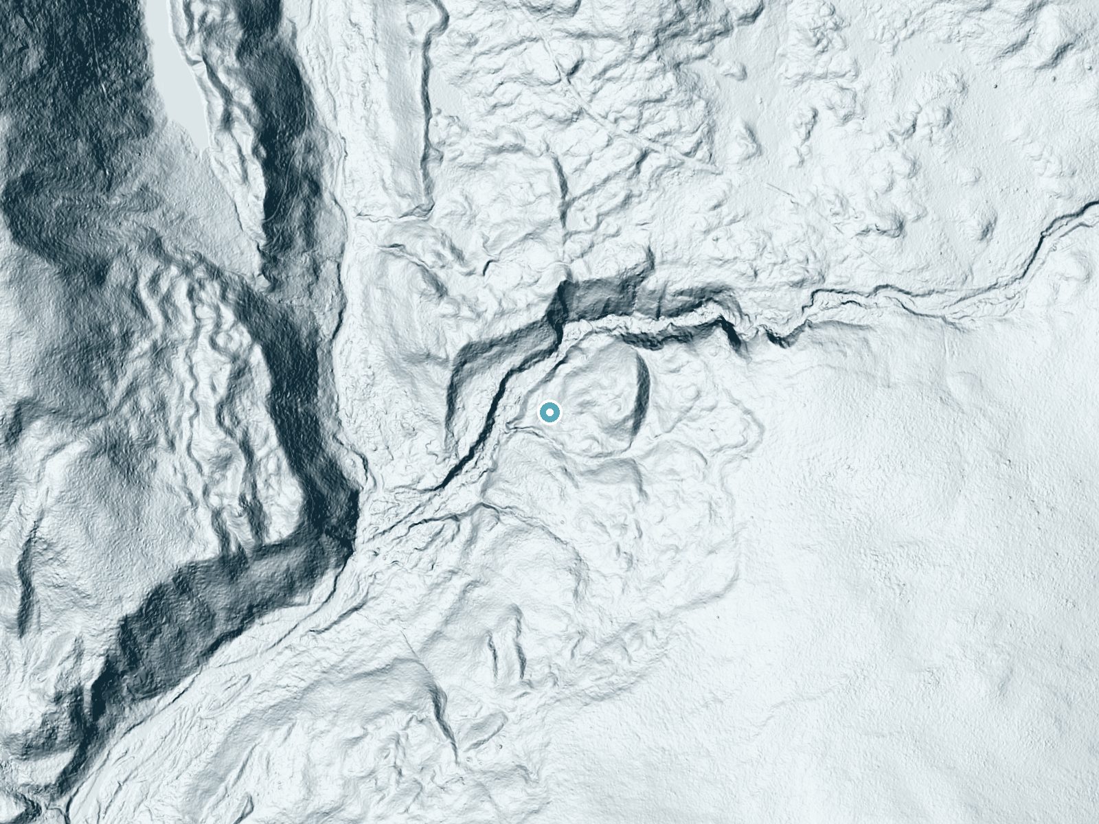 LiDAR bare-earth terrain around Thoreau Falls near North Woodstock, New Hampshire, showing about 146 feet of drop, a steep tiered drop, facing west