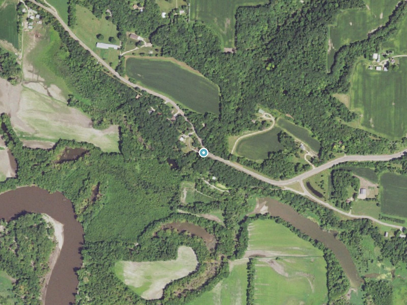 Aerial view of the ground around Minnemishinona Falls near North Mankato, Minnesota