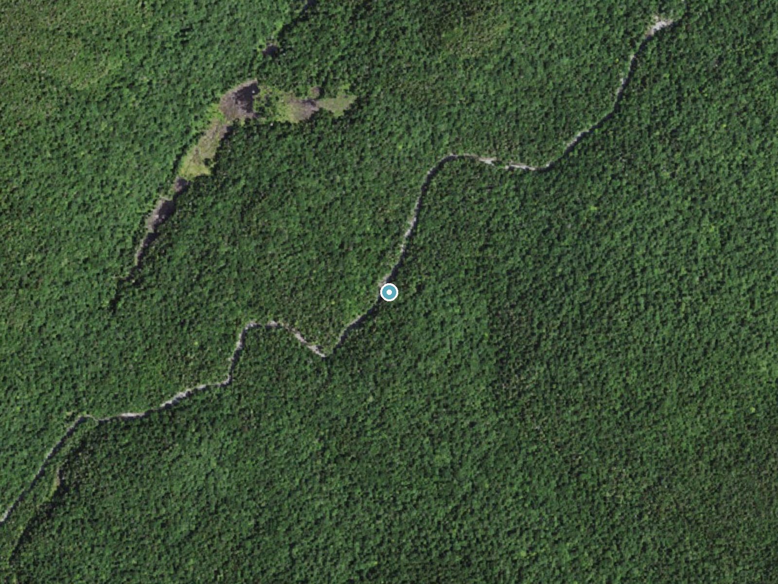 Aerial photo of the same ground around Rocky Falls near Lake Placid, New York, for comparison with the lidar view