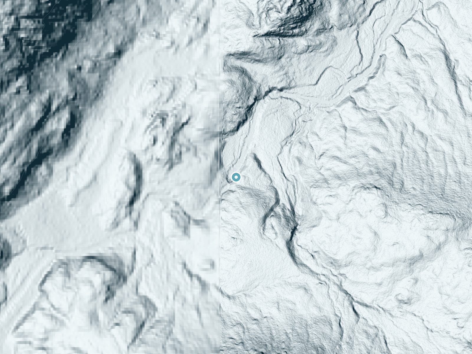 LiDAR bare-earth terrain around Rocky Falls near Lake Placid, New York, showing about 86 feet of drop, a long cascade, facing north