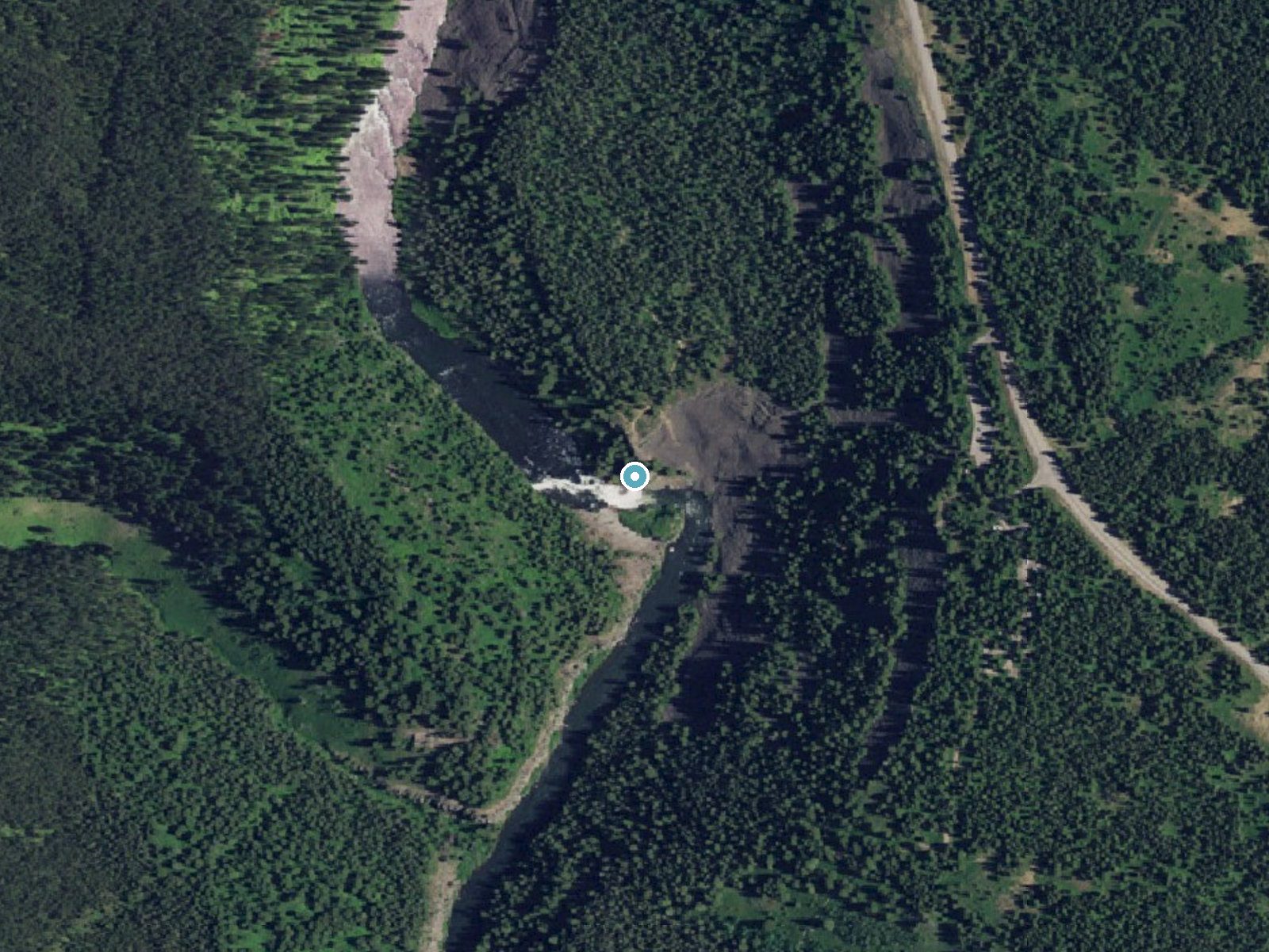 Aerial photo of the same ground around Lower Mesa Falls near Drummond, Idaho, for comparison with the lidar view