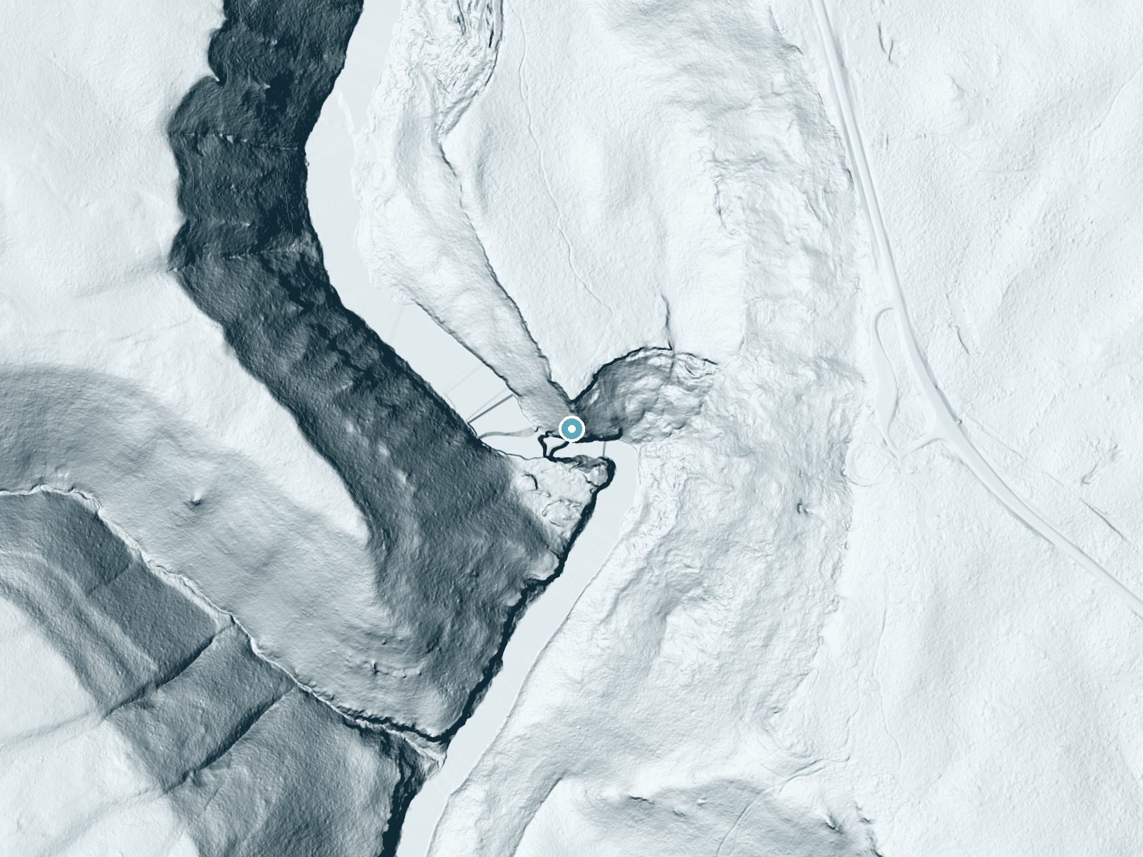 LiDAR bare-earth terrain around Lower Mesa Falls near Drummond, Idaho, showing about 226 feet of drop, a single sheer drop, facing south