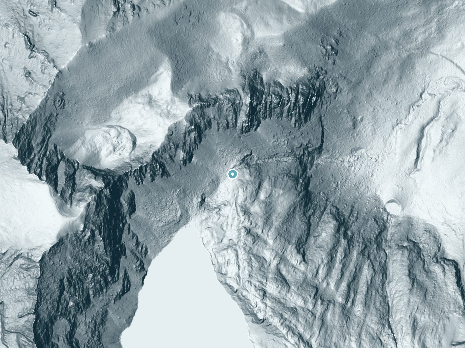 LiDAR bare-earth terrain around Goat Falls near Stanley, Idaho, showing about 203 feet of drop, a steep tiered drop, facing northeast