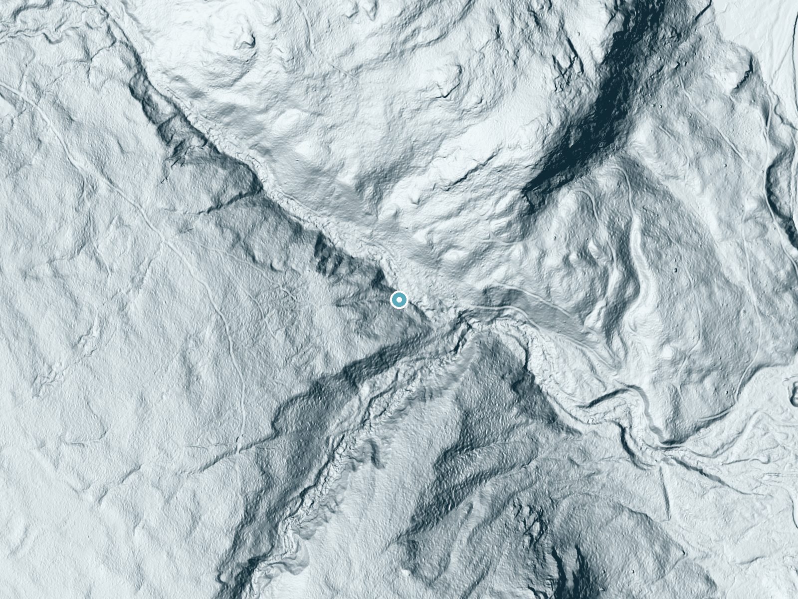 LiDAR bare-earth terrain around Winniweta Falls near North Conway, New Hampshire, showing about 151 feet of drop, a long cascade, facing east