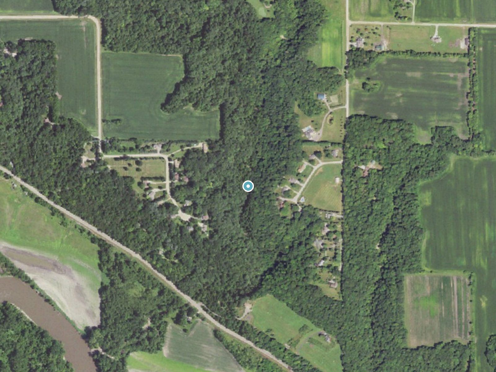 Aerial view of the ground around Minnewankon Falls near North Mankato, Minnesota