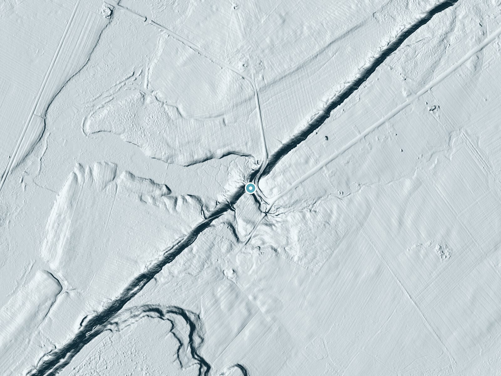 LiDAR bare-earth terrain around Sperrys Falls near Depauville, New York, showing about 96 feet of drop, a long cascade, facing northwest