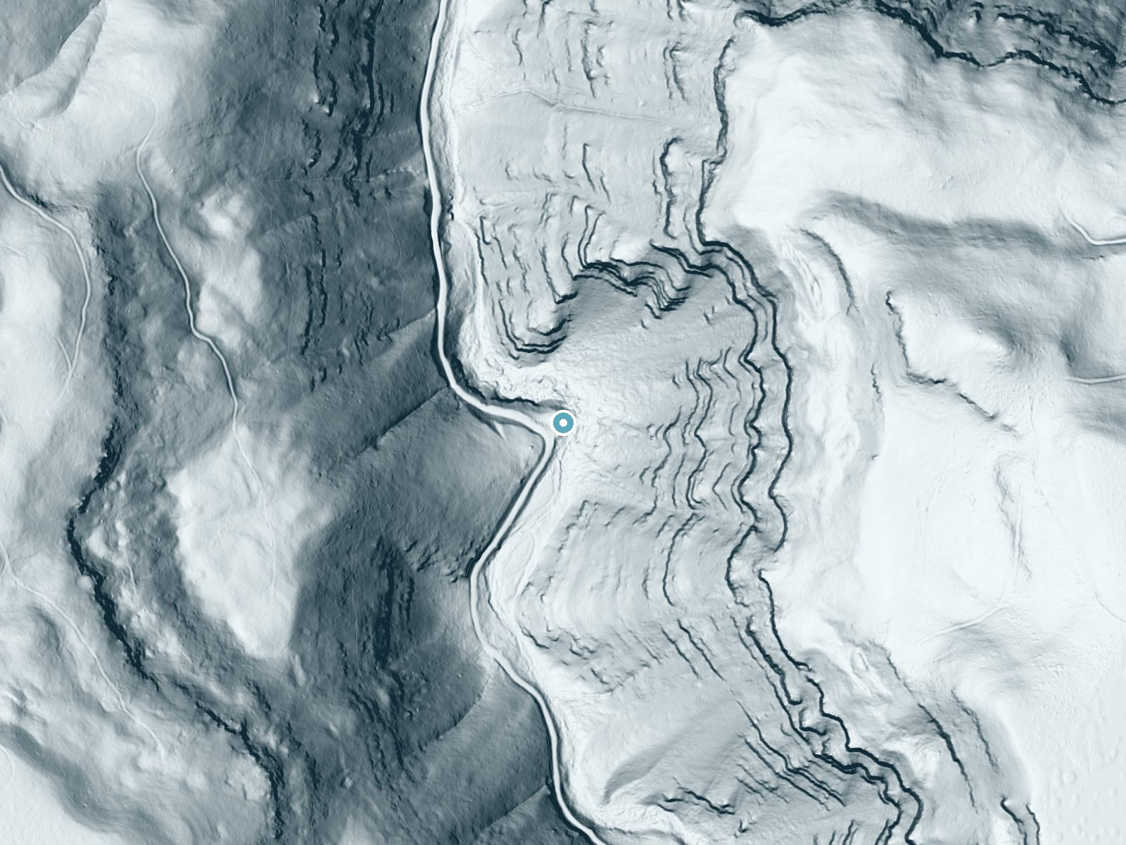 LiDAR bare-earth terrain around South Fork Falls near Dayville, Oregon, showing about 125 feet of drop, a steep tiered drop, facing northwest