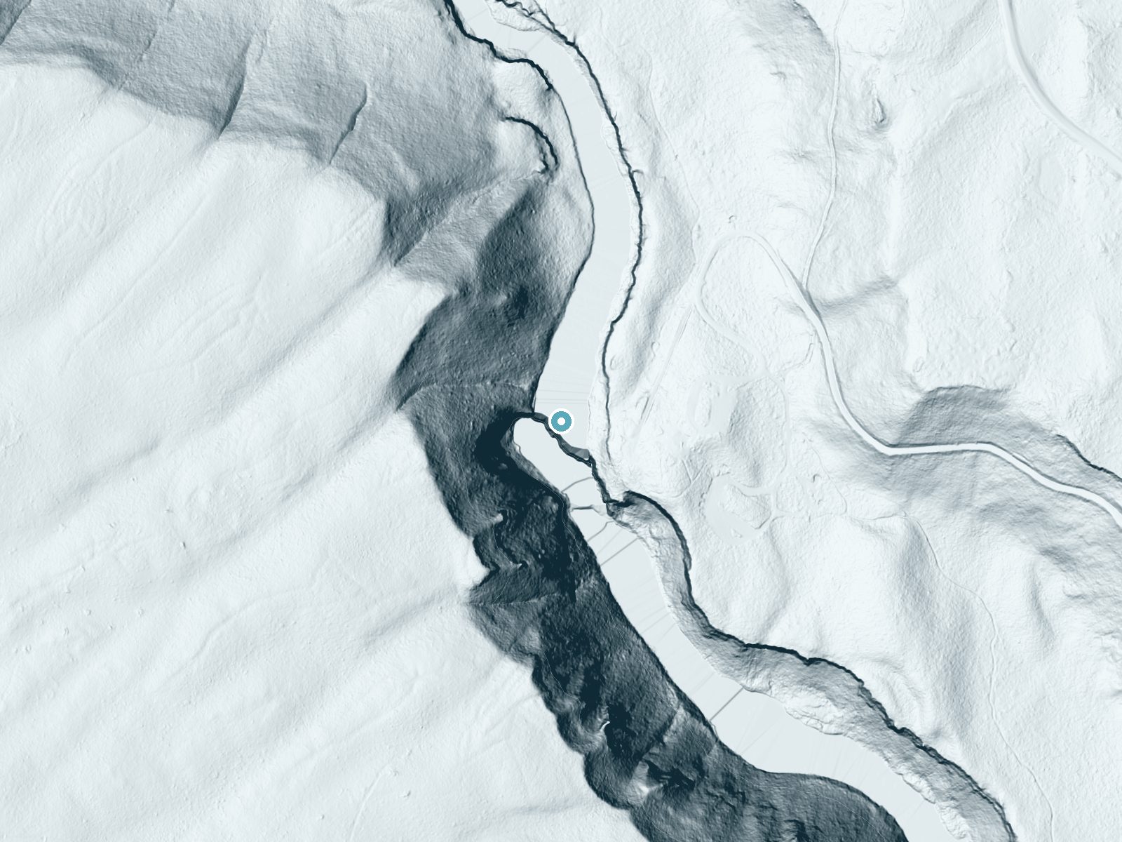 LiDAR bare-earth terrain around Upper Mesa Falls near Drummond, Idaho, showing about 155 feet of drop, a steep tiered drop, facing southwest