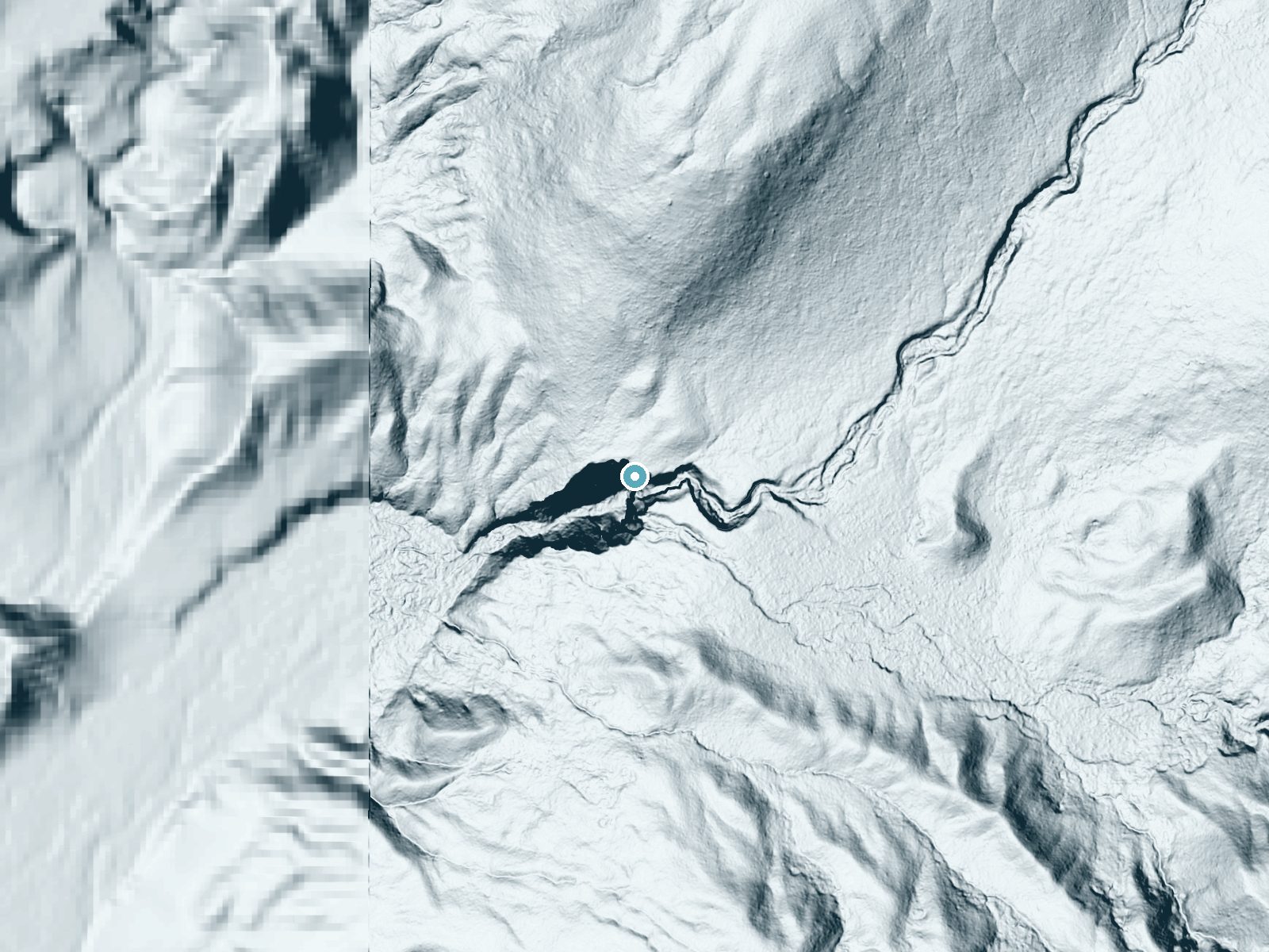LiDAR bare-earth terrain around Union Falls near Alta, Wyoming, showing about 219 feet of drop, a single sheer drop, facing southwest