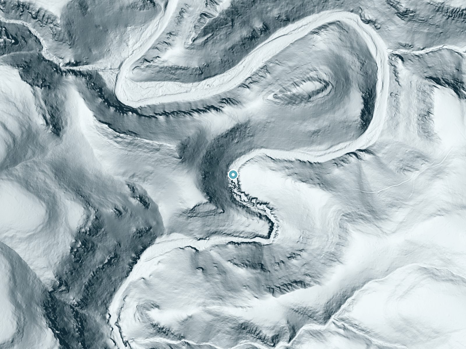 LiDAR bare-earth terrain around Lower Falls near Mitchell, Oregon, showing about 147 feet of drop, a steep tiered drop, facing east