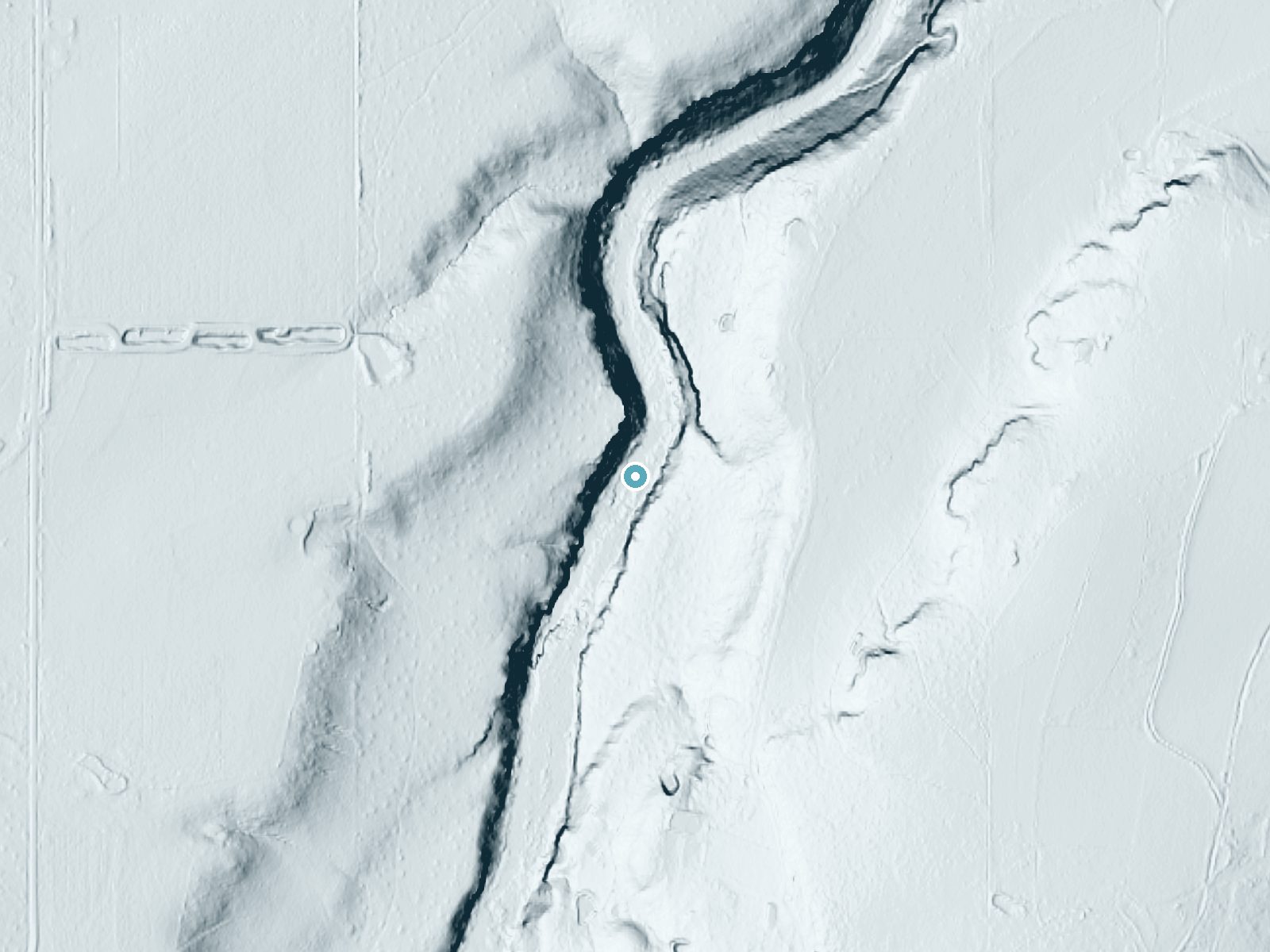 LiDAR bare-earth terrain around Awbrey Falls near Tumalo, Oregon, showing about 81 feet of drop, a steep tiered drop, facing east
