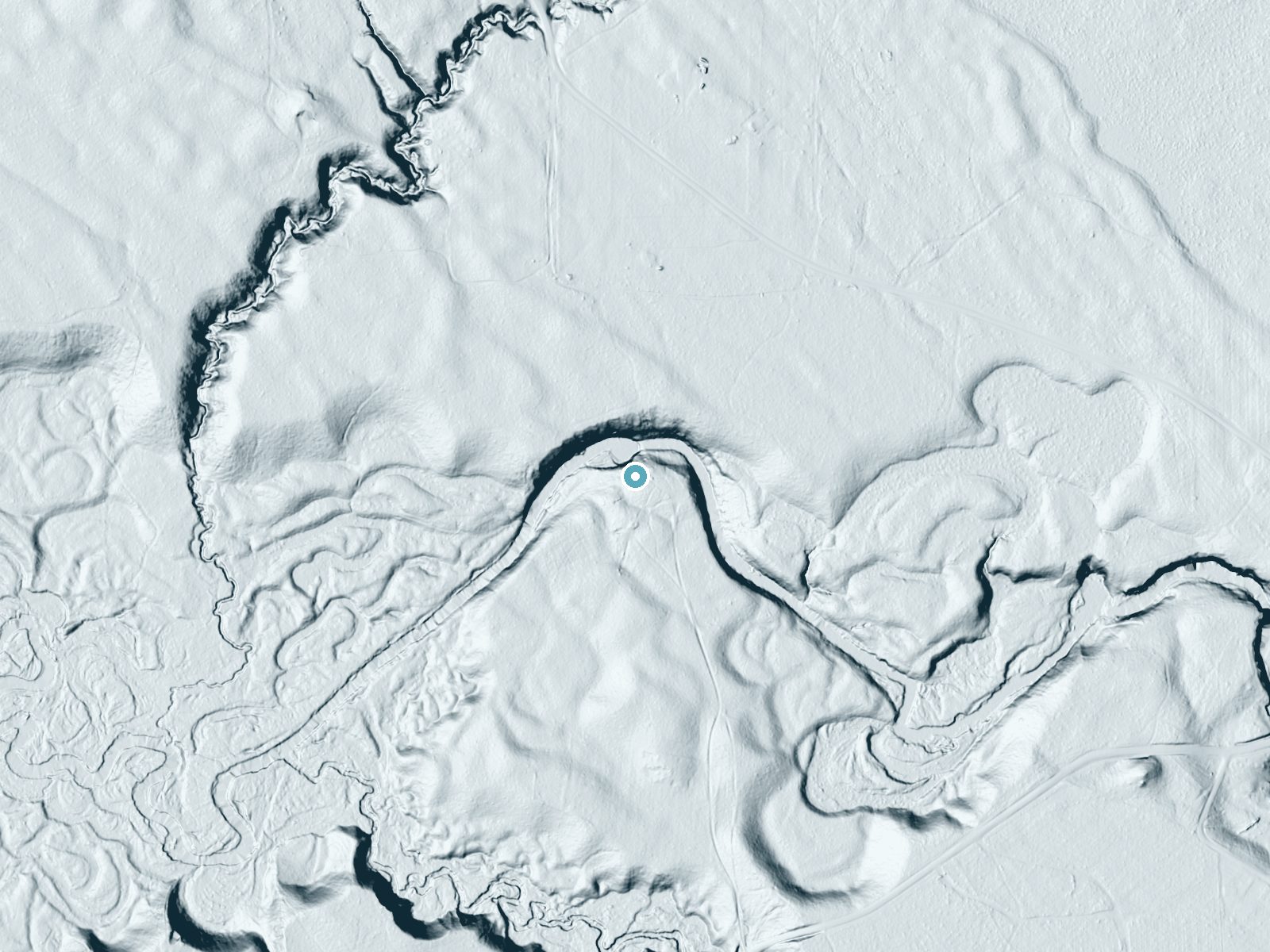 LiDAR bare-earth terrain around Polly Falls near Black River Falls, Wisconsin, showing about 54 feet of drop, a long cascade, facing northwest