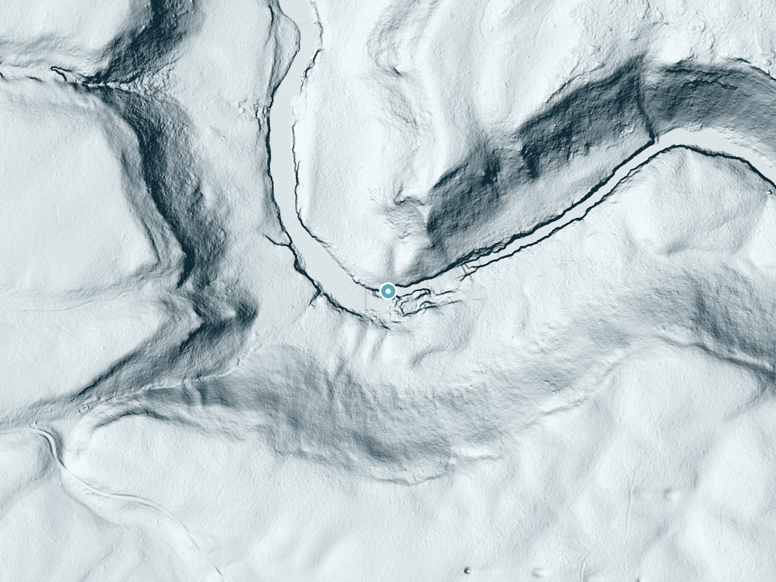 LiDAR bare-earth terrain around Sheep Falls near Ashton, Idaho, showing about 66 feet of drop, a steep tiered drop, facing south