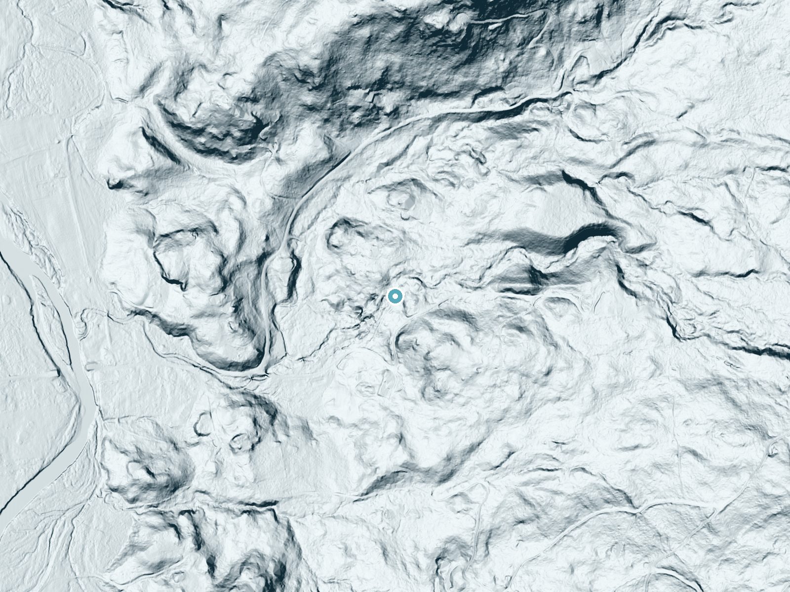 LiDAR bare-earth terrain around Phelps Falls near Lake Placid, New York, showing about 111 feet of drop, a long cascade, facing west