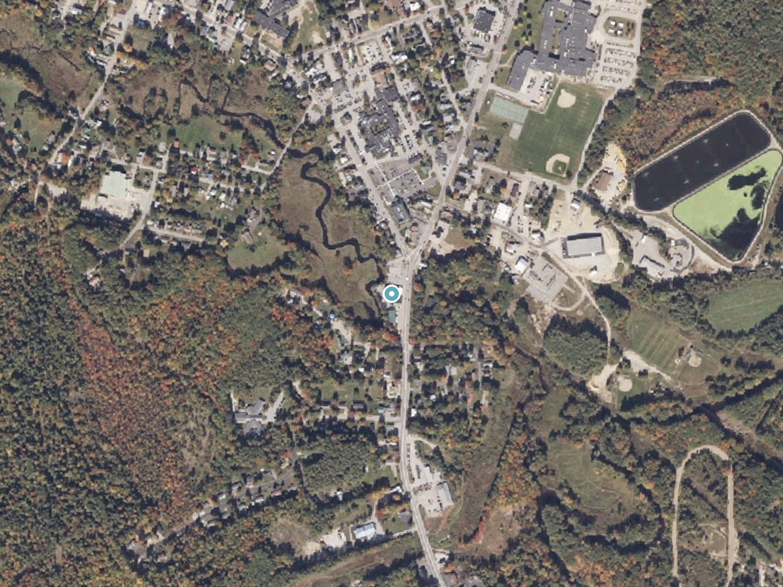 Aerial photo of the same ground around Steep Falls near South Paris, Maine, for comparison with the lidar view