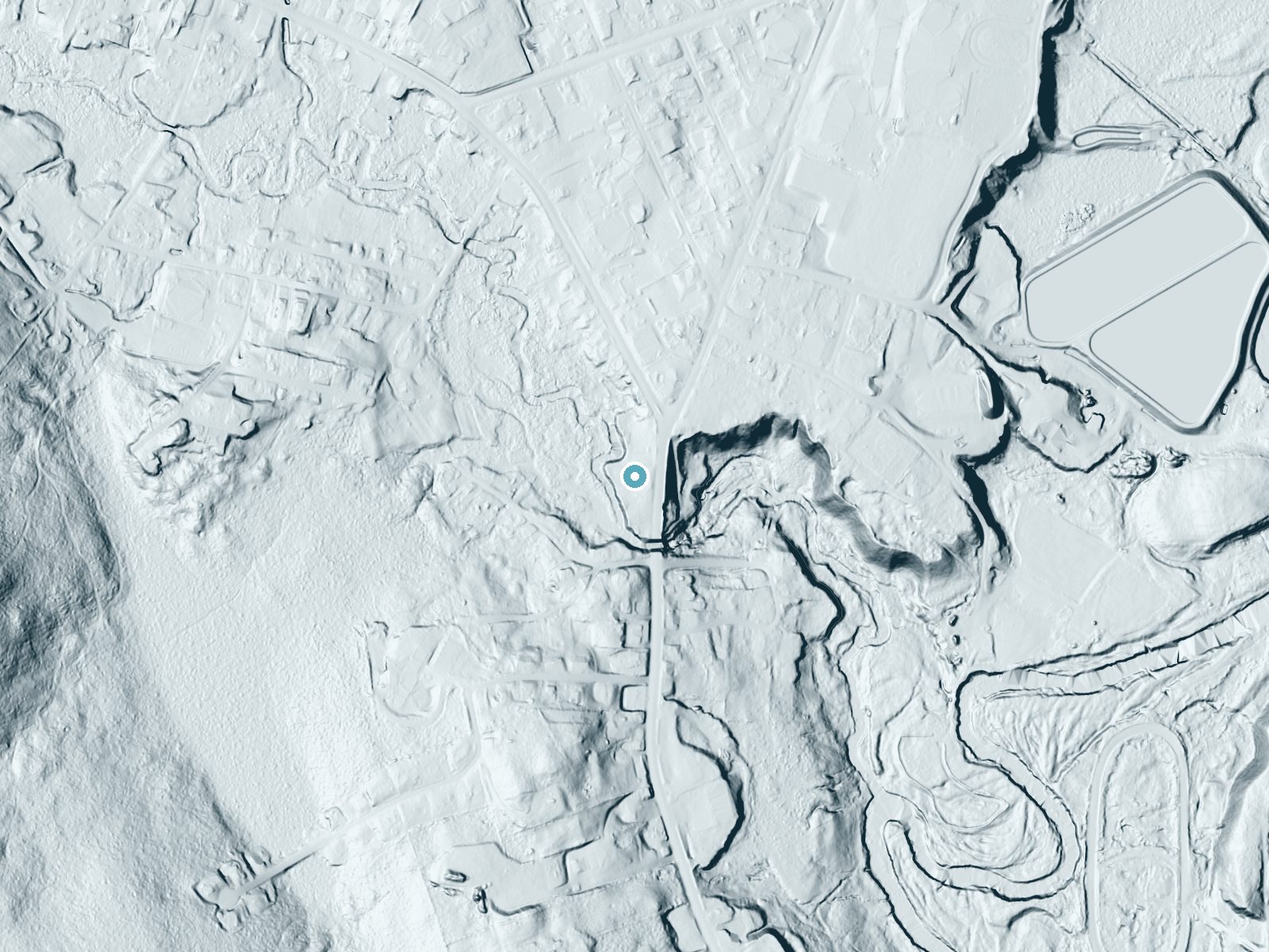 LiDAR bare-earth terrain around Steep Falls near South Paris, Maine, showing about 46 feet of drop