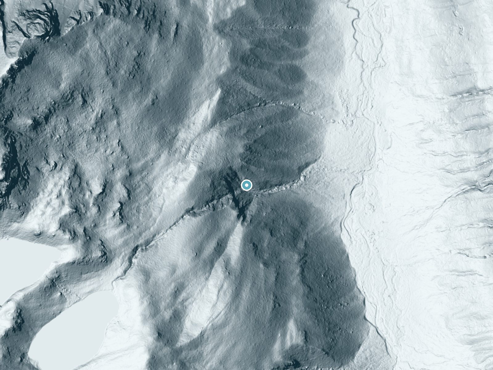 LiDAR bare-earth terrain around Bridal Veil Falls near Stanley, Idaho, showing about 341 feet of drop, a steep tiered drop, facing east