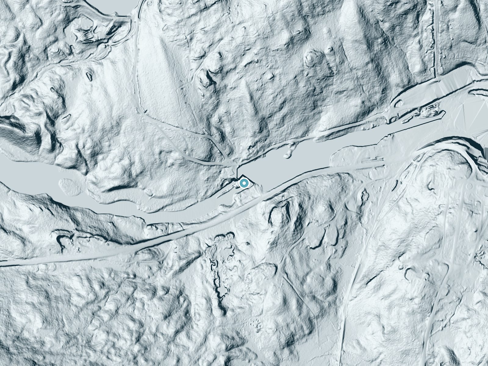 LiDAR bare-earth terrain around Newton Falls near Star Lake, New York, showing about 34 feet of drop, a long cascade, facing southwest