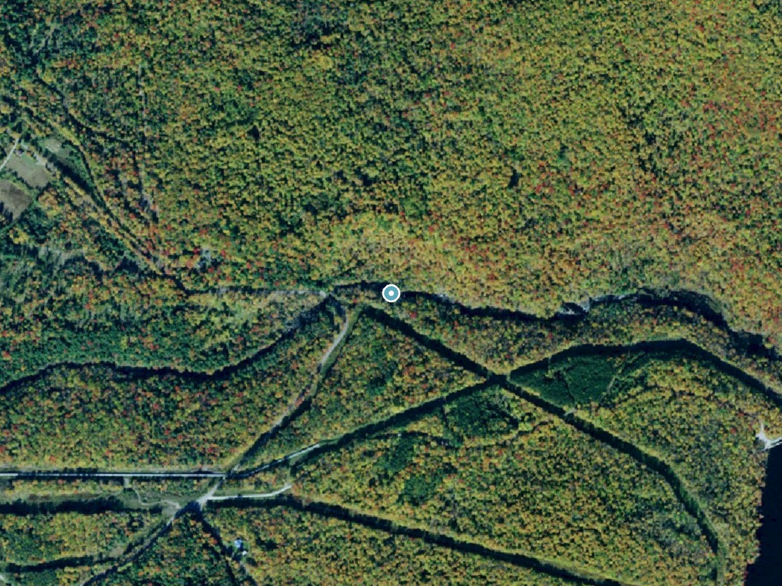 Aerial photo of the same ground around Browns Falls near Star Lake, New York, for comparison with the lidar view