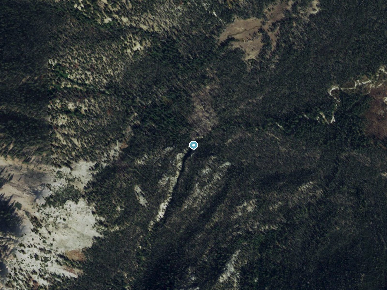 Aerial photo of the same ground around Lady Face Falls near Stanley, Idaho, for comparison with the lidar view
