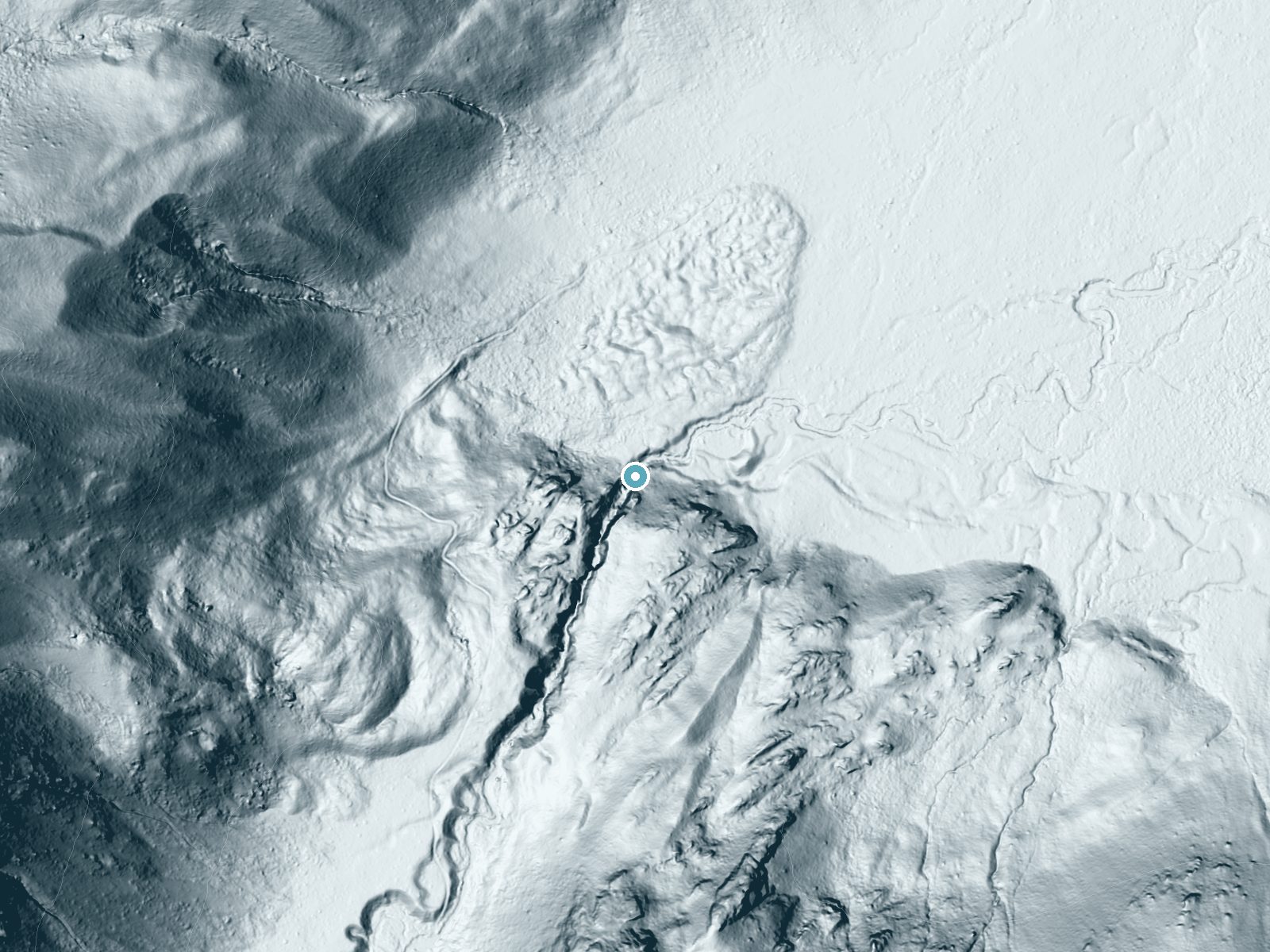 LiDAR bare-earth terrain around Lady Face Falls near Stanley, Idaho, showing about 153 feet of drop, a steep tiered drop, facing north