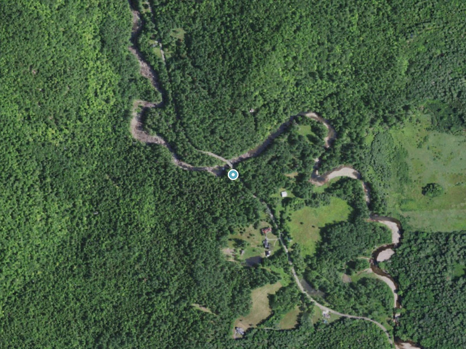 Aerial photo of the same ground around Hulls Falls near Lake Placid, New York, for comparison with the lidar view