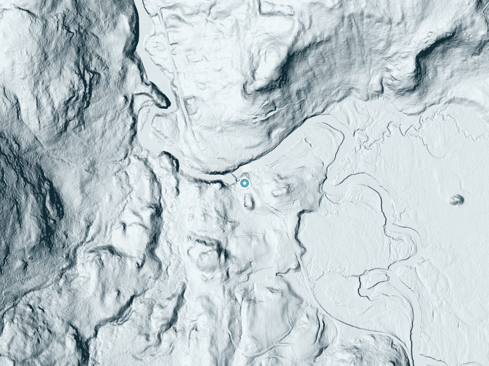 LiDAR bare-earth terrain around Hulls Falls near Lake Placid, New York, showing about 57 feet of drop, a long cascade, facing west