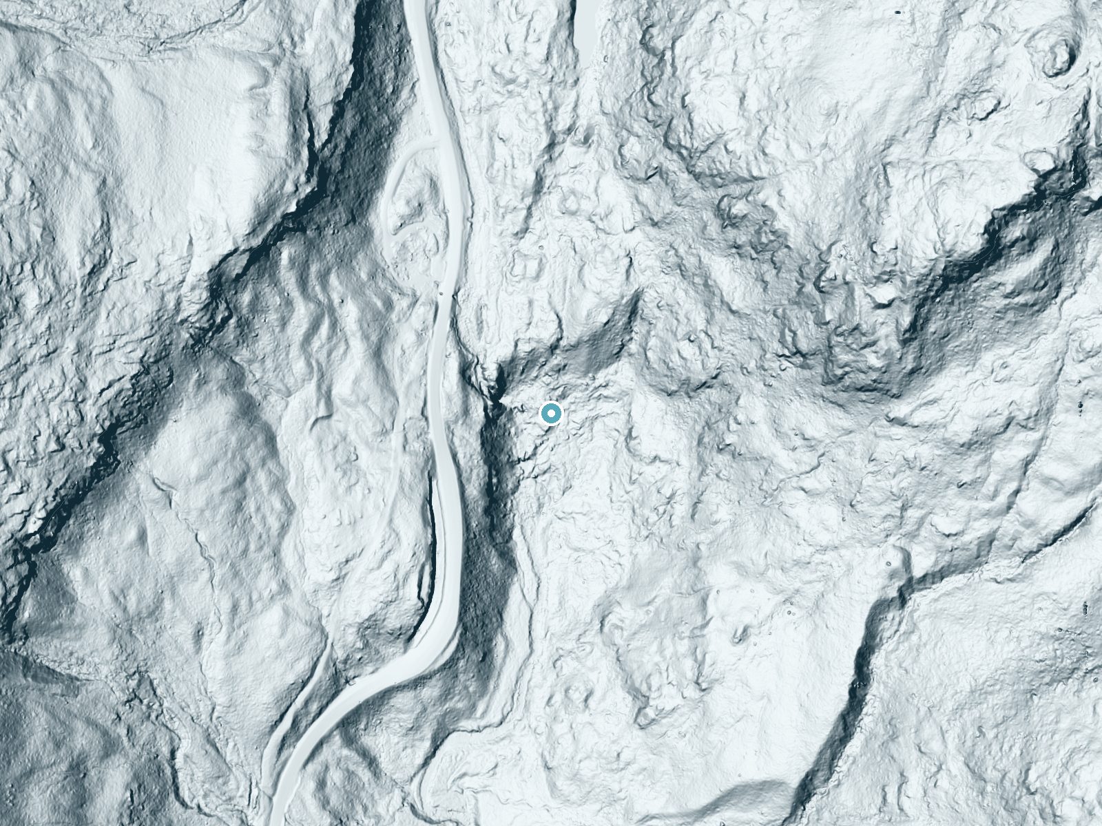 LiDAR bare-earth terrain around Glen Ellis Falls near Berlin, New Hampshire, showing about 124 feet of drop, a steep tiered drop, facing south