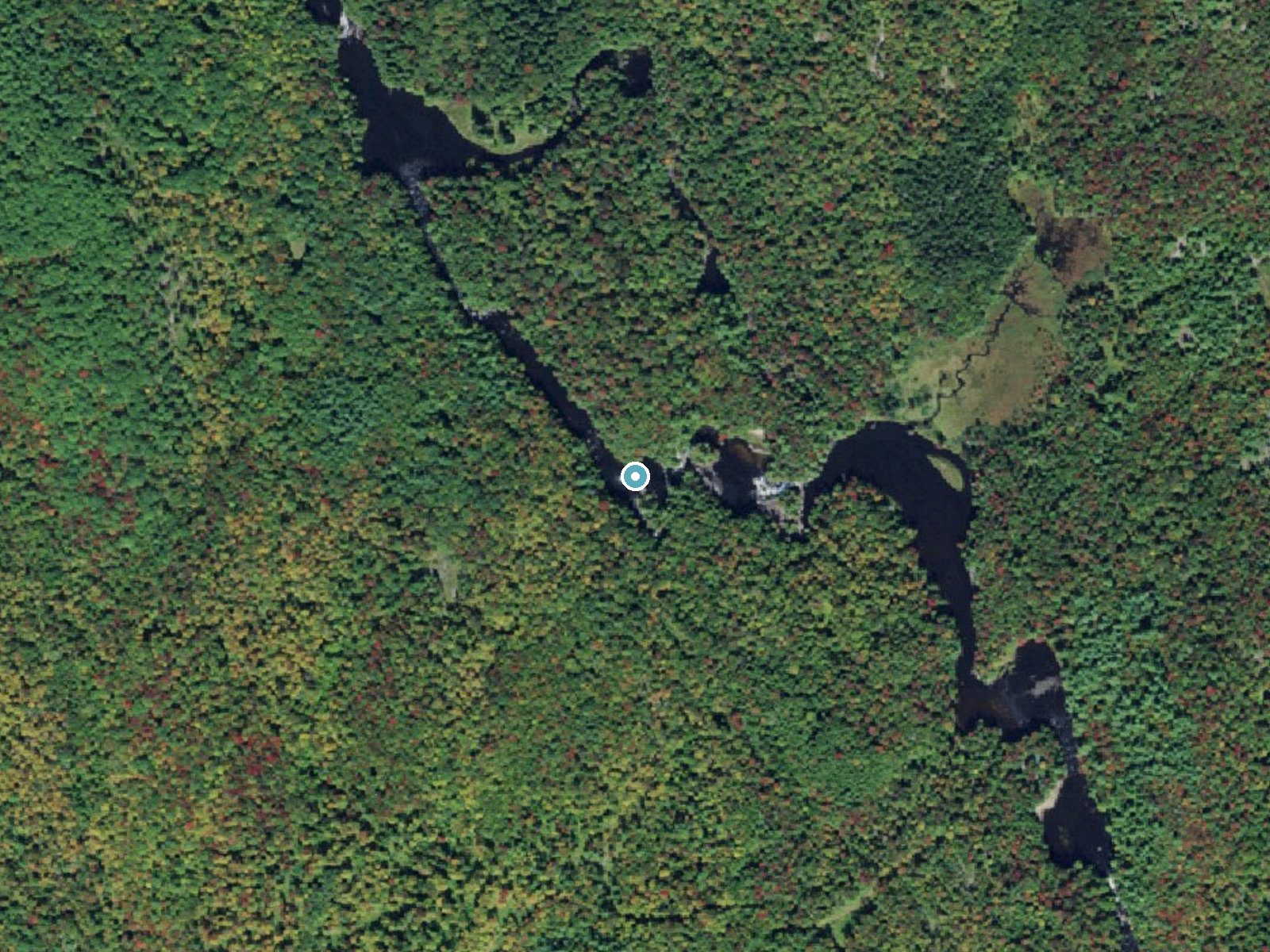 Aerial photo of the same ground around Rock Dam Falls near Star Lake, New York, for comparison with the lidar view