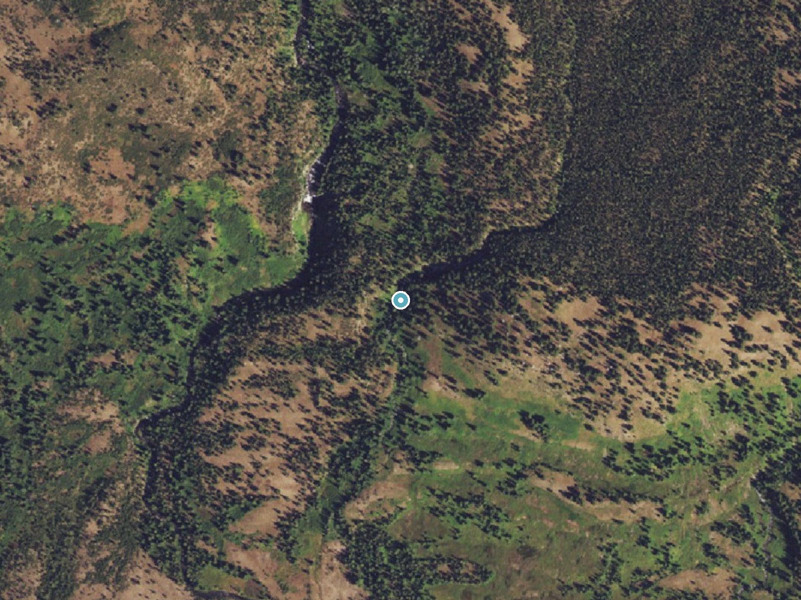Aerial photo of the same ground around Silver Scarf Falls near Alta, Wyoming, for comparison with the lidar view