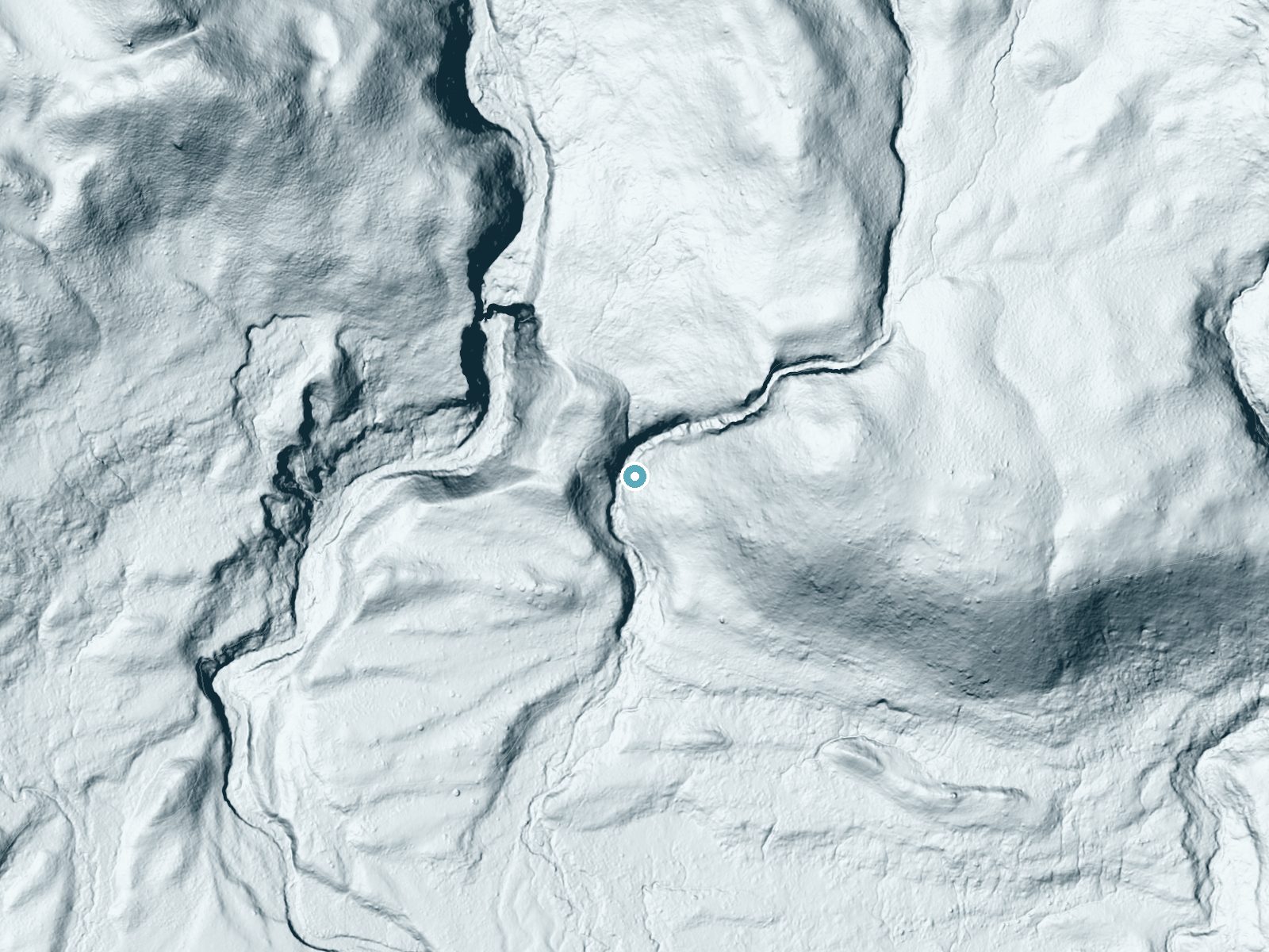LiDAR bare-earth terrain around Silver Scarf Falls near Alta, Wyoming, showing about 133 feet of drop, a steep tiered drop, facing southwest